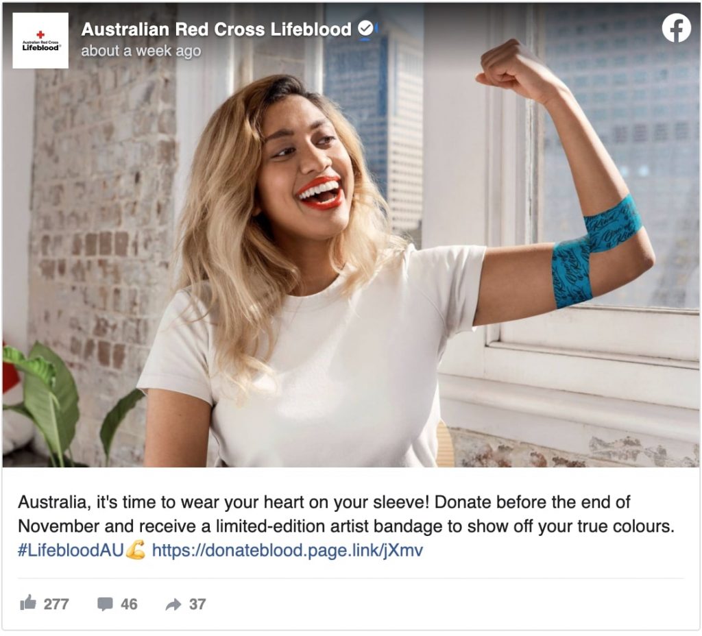 australian red cross lifeblood post encouraging people to donate before the end of November to receive a limited edition artist bandage