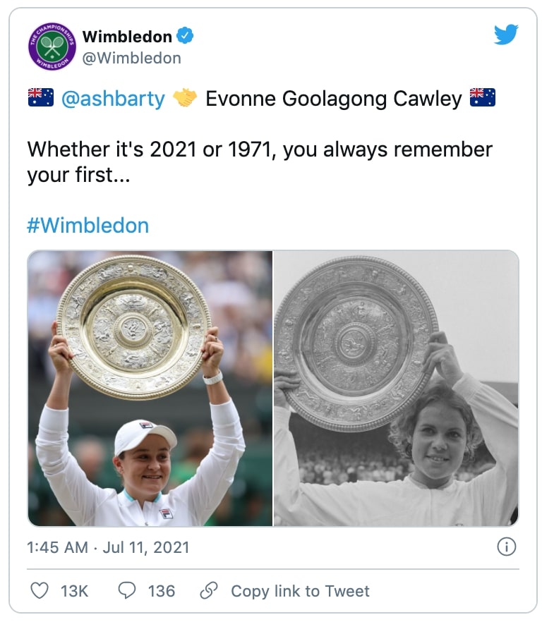 a wimbledom twitter post with two photos of ash barty and evonne goolagong cawley side by side holding their wimbledom trophy and a caption that says whether it's 2021 or 1971, you always remember your first