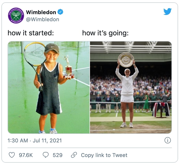 a wimbledom twitter post showing a young photo of ash barty holding a racquet and medal and a photo of ash holding the wimbledom trophy with a caption that says "how it started, how it's going"